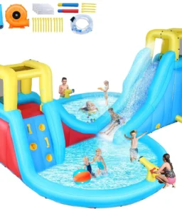 Inflatable Water Slide. 6 in 1 Outdoor Inflatable Water Park with Climbing. Basketball Rim. Splash Pool. Water Cannon. Blow up Water Slides for Kids Backyard