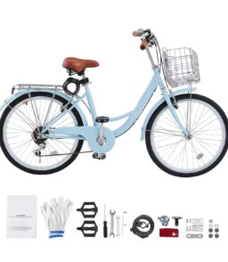 KFFKFF 26 in 7-Speed Cruiser Bike. Pale Blue With Front Basket And Rear Rack - SCB722-B