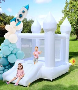 White Bounce House Indoor Outdoor Bouncy Castle for Kids 2-8 Oxford Toddler Bounce House with Slide Balloon & Blower.103 x 71 x 90 inch.Children's Birthday Party Easter Party Gifts