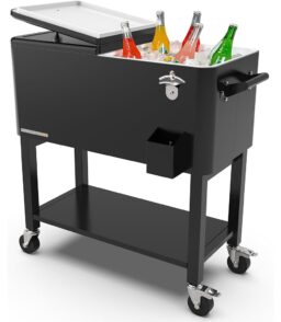 Permasteel Rolling Party Cooler Ice Chest. 80-Quart. Matte Black With Divider