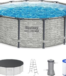 Above Ground Swimming Pool w/ Pump. Cover. & Ladder. 14' x 48. Steel Pro MAX. Gray - Backyard Outdoor Round Pool w/ Filter. 42-Inch Deep Water