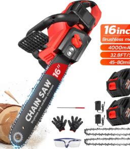 16 Inch 42V Brushless Cordless Chainsaw Kit. 1200W With 2x2000mAh Batteries And 2 Chains