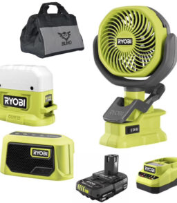 Ryobi 18V ONE+ 3-Tool Camping Kit With Area Light. Bluetooth Speaker. 4 in Clamp Fan. 1.5 Ah Battery. Charger And 16 in Buho Tool Bag