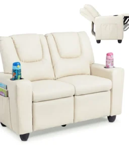 2-Seater Kids Recliner. PU Leather Reclining Loveseat with Cup Holders & 2 Side Storage Pockets. Adjustable Double Toddler Sofa for Boys Girls