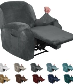 MAXIJIN Velvet 4 Piece Recliner Cover Stretch Plush Soft Cover for Chair Thick Soft Recliner Slipcover Separate Chair Cover with Side Pocket