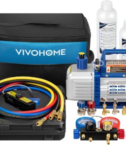 110V 1/4 HP 3.5CFM Single Stage Rotary Vane Air Vacuum Pump and AC Manifold Gauge Set Kit with Thermometer for R134a R12 R22 R502 R410a HVAC Air Conditioning Refrigeration Recharging Red