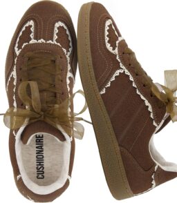 CUSHIONAIRE Belinda Women's Lace Detail Casual Sneakers – Elegant Ribbon Lace-Up Summer Shoes for Women with Memory Foam. BROWN 8.5 | Fashion Sneakers