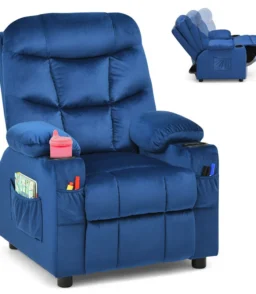 Kids Recliner Chair Adjustable Velvet Lounge Sofa with Cup Holders. 3 Pockets. Retractable Footrest. Toddler Furniture Sofa for Boys Girls Room