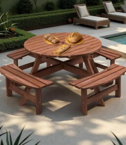 8-Person Fir Wood Round Picnic Table Set With 4 Built-In Benches And Umbrella Hole