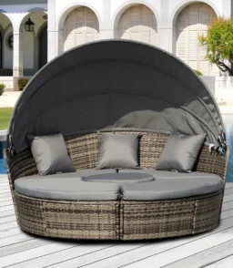 Jazmyne Outsunny 4 Piece Round Rattan Daybed. Convertible Patio Furniture Set. Adjustable Sun Canopy. Sectional Outdoor Sofa. 2 Chairs. Extending Tea Table Ottoman Chair. 3 Pillows