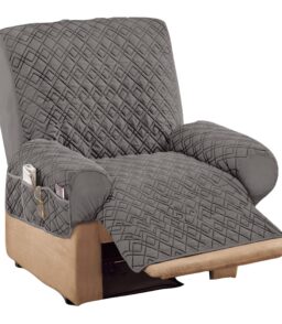 Collections Etc Diamond-Shape Quilted Stretch Recliner Cover with Storage Pockets and Elastic Straps - Furniture Protector. Gray