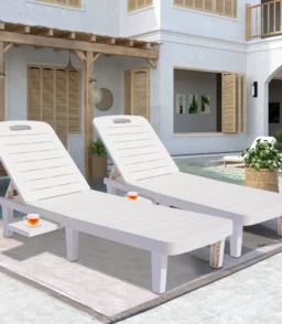 Patio Lounge Chair Set of 2. Adjustable Chaise with Side Table. Outdoor Lounger Recliner for Poolside. Patio. Backyard. Wood Texture Design | Waterproof | Easy to Assemble | Max Weight 330 lb White
